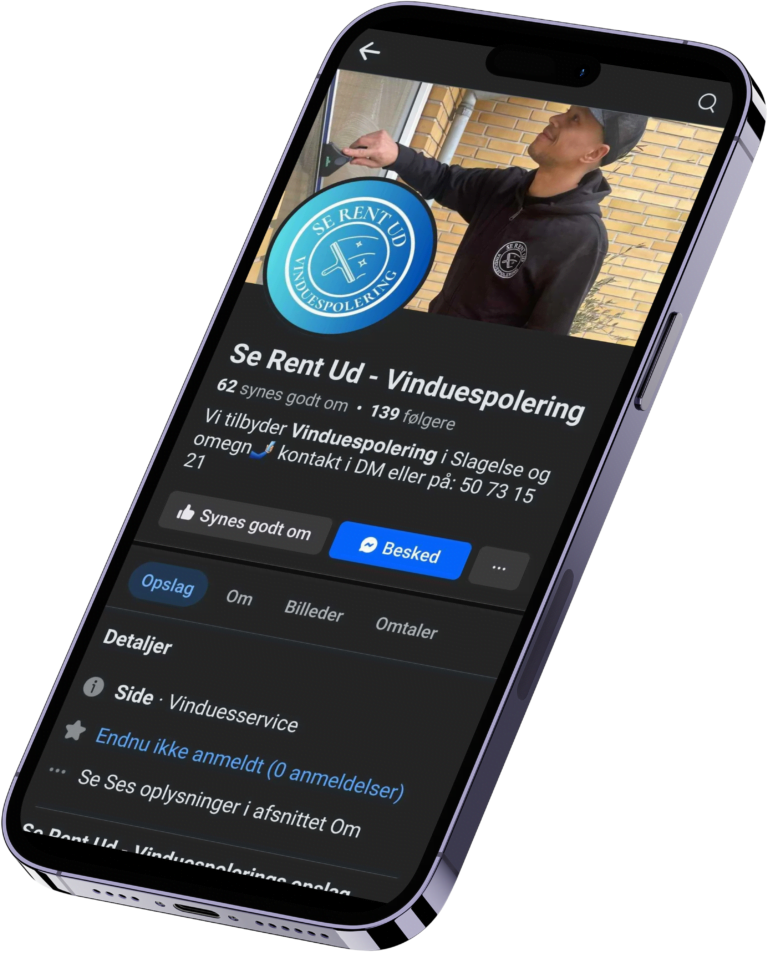 Smartphone viser vinduespudserfirma på Facebook-side