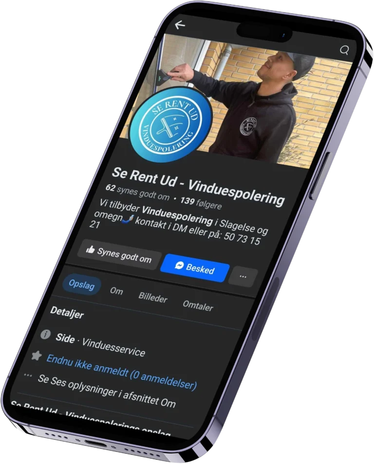 Smartphone viser vinduespudserfirma på Facebook-side